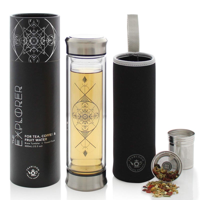 Teabloom All-Beverage Infusion Bottle â€“ 14 oz / 400 ml â€“ Double Wall Insulated Glass Travel Flask â€“ Hot Tea & Cold Brew Coffee Thermos â€“ Removable Sleeve - Image 1
